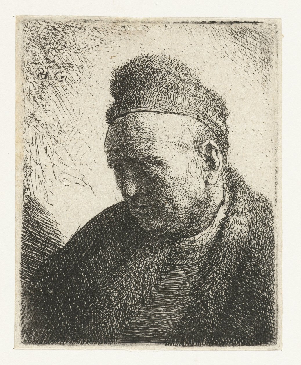 Homme sans barbe avec un manteau et un bonnet de fourrure : buste - Rembrandt van Rijn