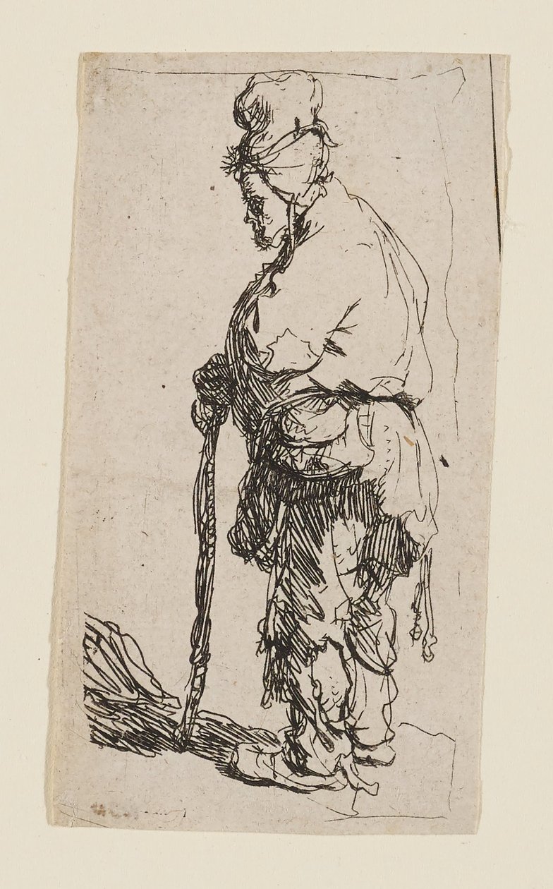 Mendiant appuyé sur un bâton, tourné vers la gauche - Rembrandt van Rijn