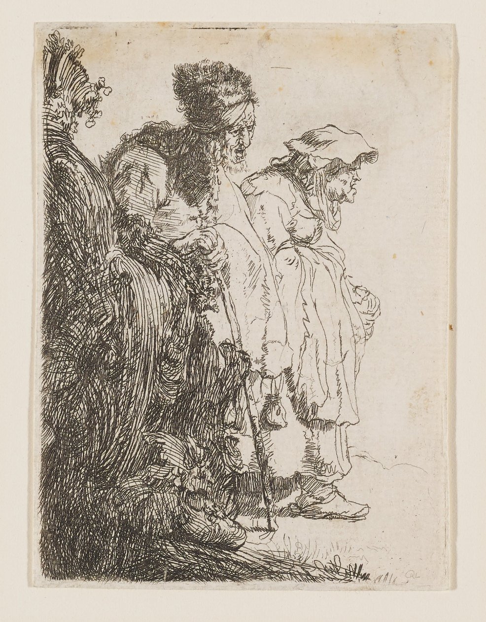 Un mendiant et une mendiante derrière une banque - Rembrandt van Rijn