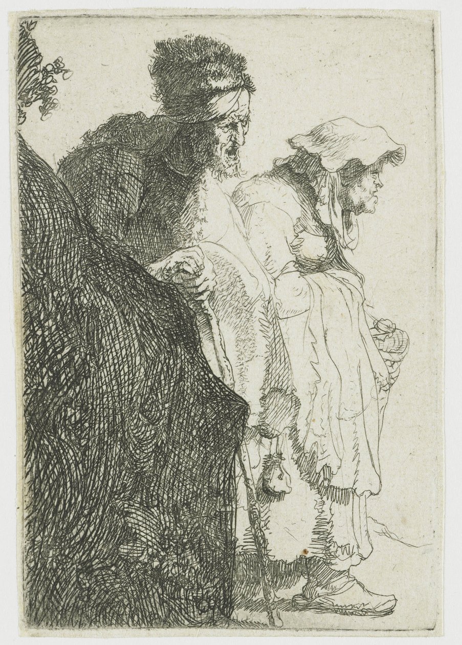Mendiant homme et femme derrière une banque - Rembrandt van Rijn