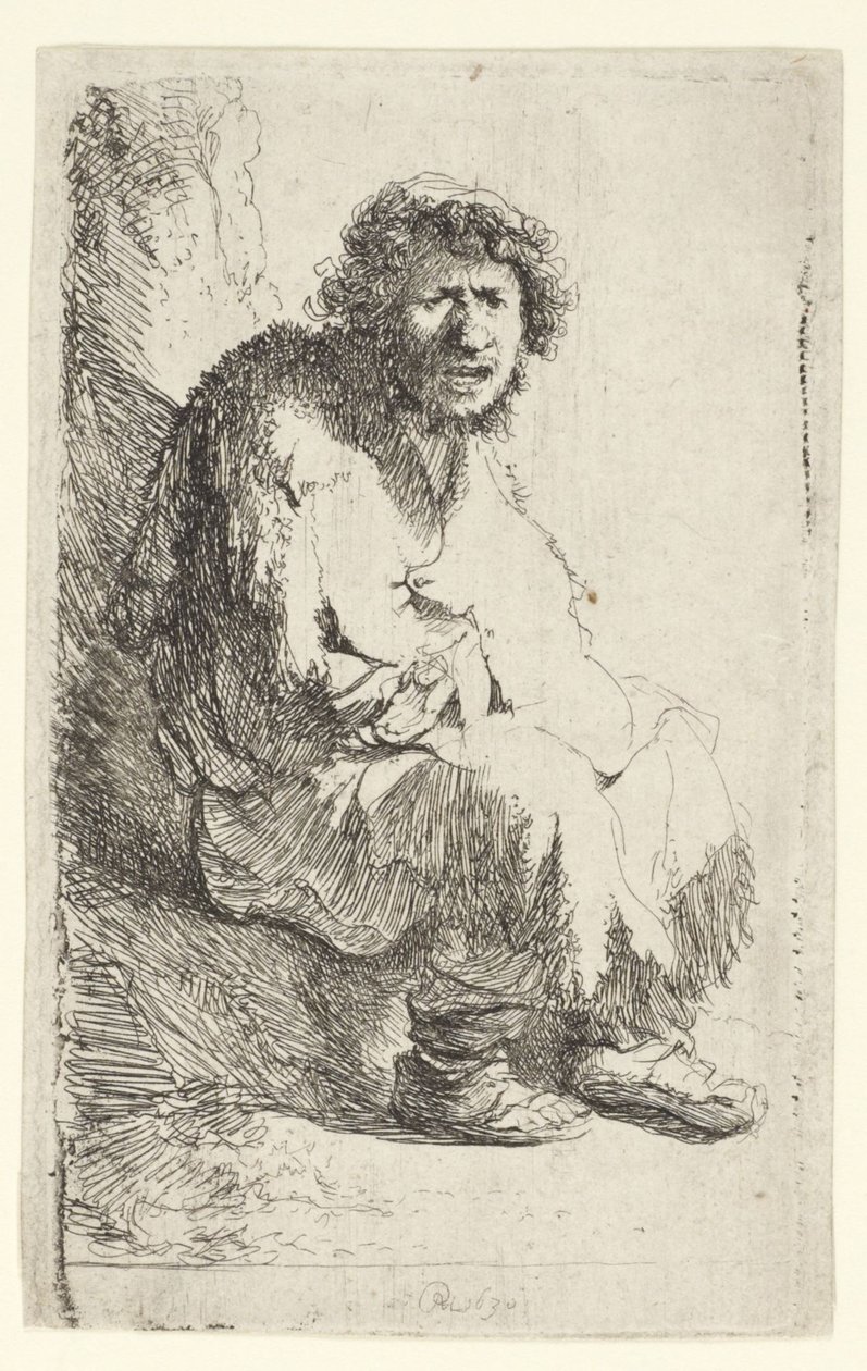 Un mendiant assis sur un banc - Rembrandt van Rijn