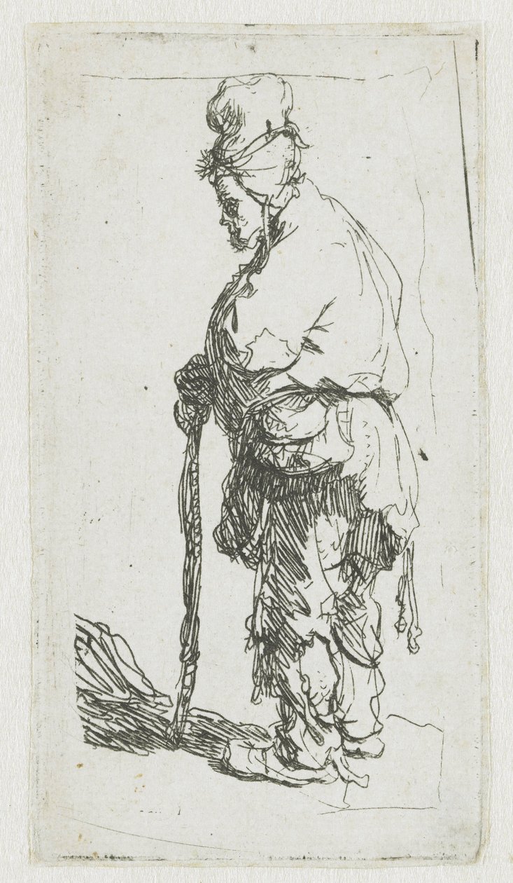 Mendiant appuyé sur un bâton, tourné vers la gauche - Rembrandt van Rijn
