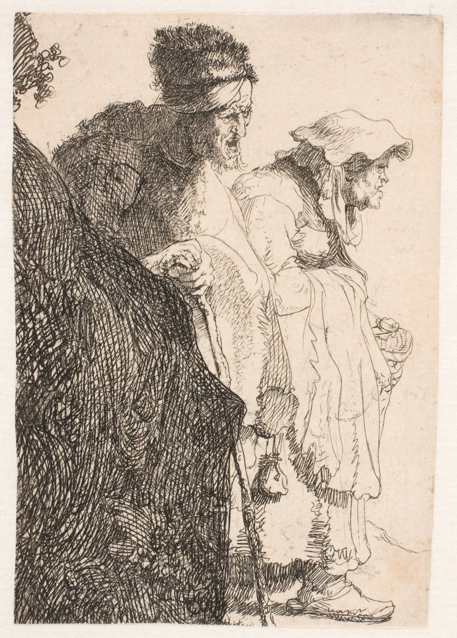 Un mendiant et une mendiante derrière une banque - Rembrandt van Rijn