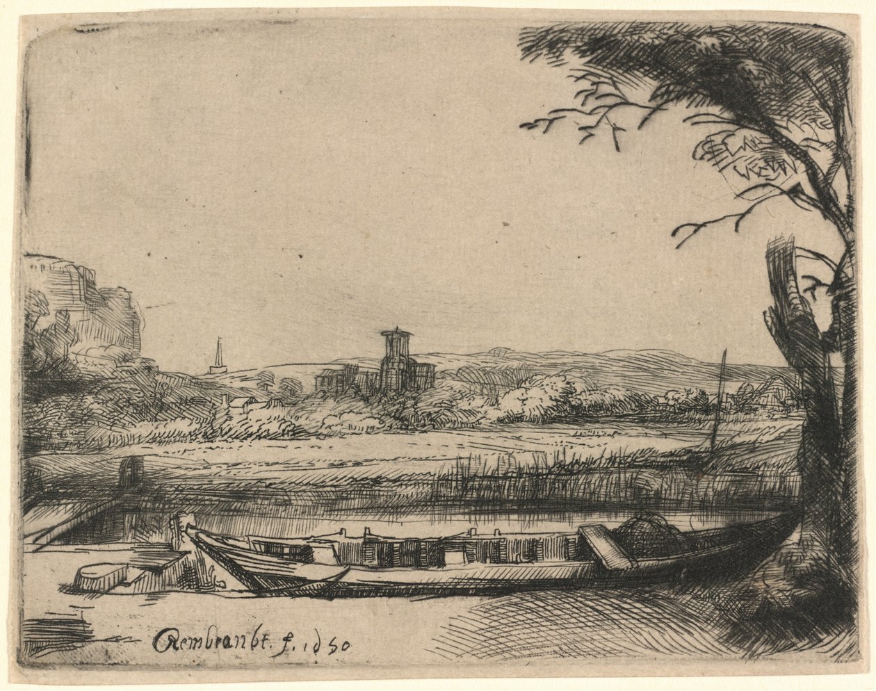 Canal avec un grand bateau et un pont - Rembrandt van Rijn
