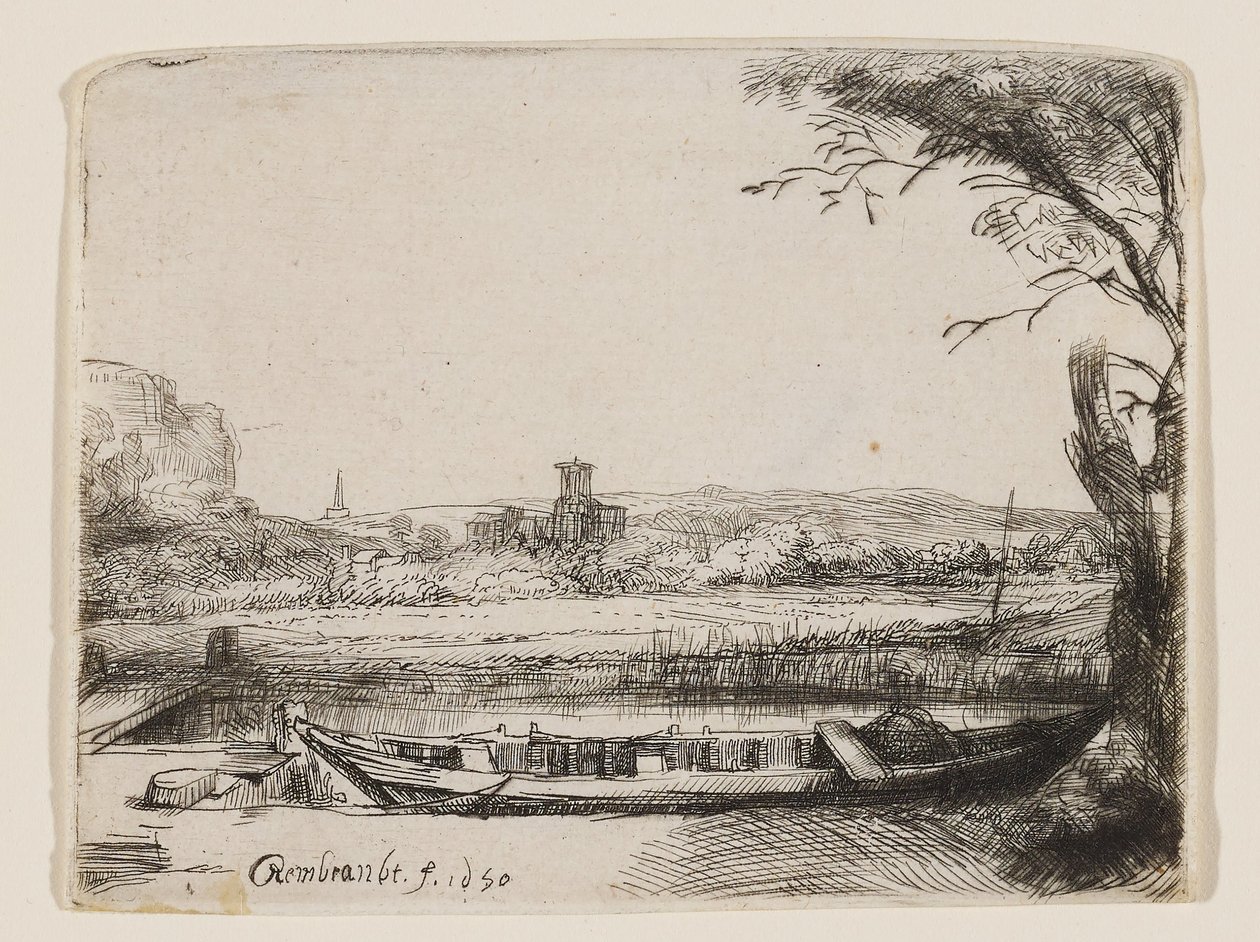 Canal avec un grand bateau et un pont - Rembrandt van Rijn