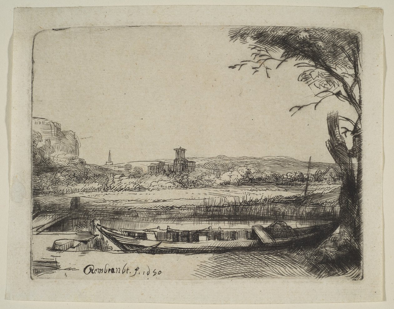 Canal avec un grand bateau et un pont, 1650 - Rembrandt van Rijn