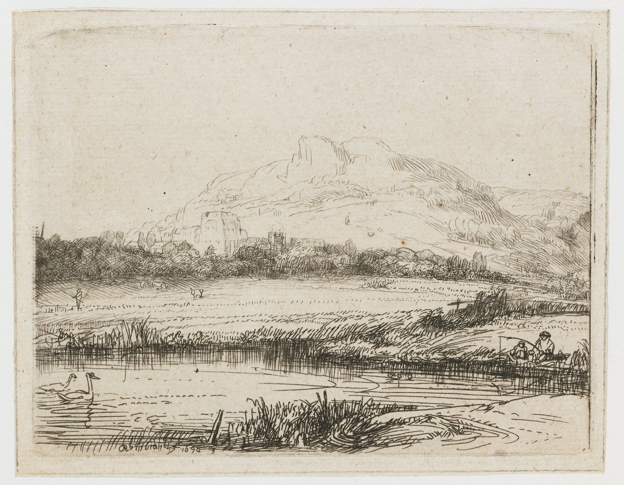 Canal avec un pêcheur et deux cygnes - Rembrandt van Rijn