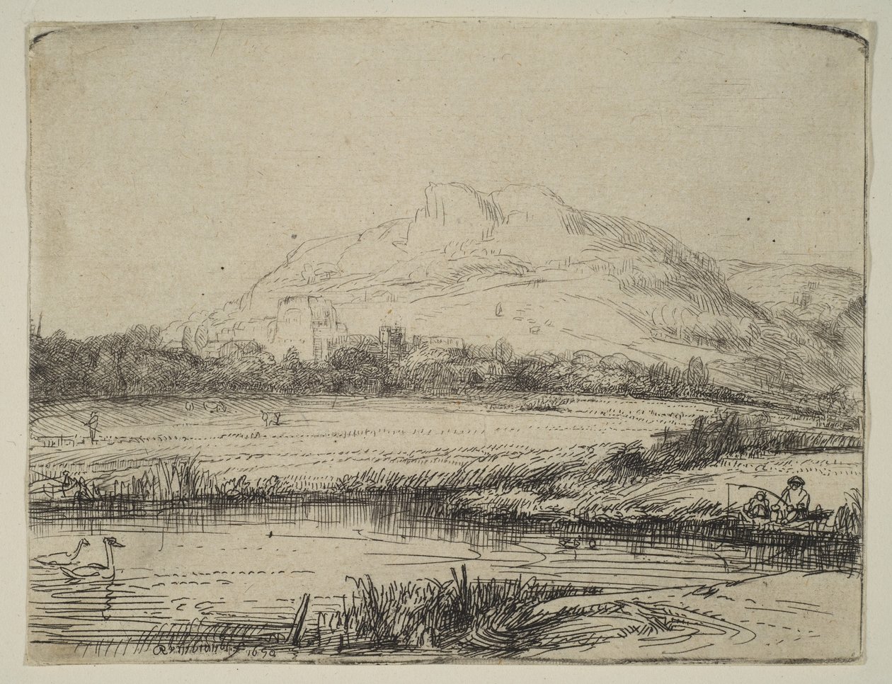 Canal avec un pêcheur et deux cygnes, 1650 - Rembrandt van Rijn