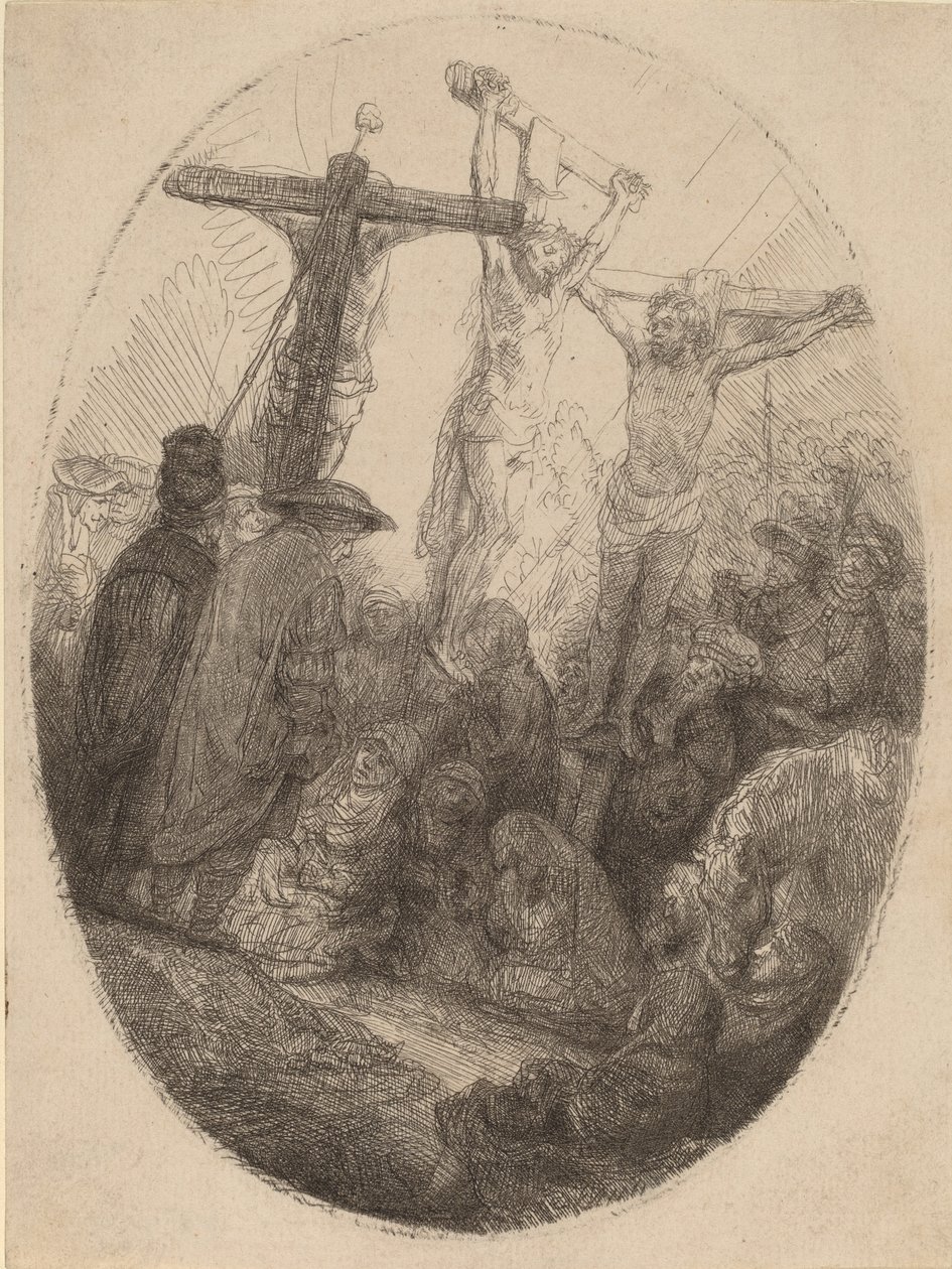 Christ crucifié entre les deux voleurs : une plaque ovale, vers 1641 - Rembrandt van Rijn