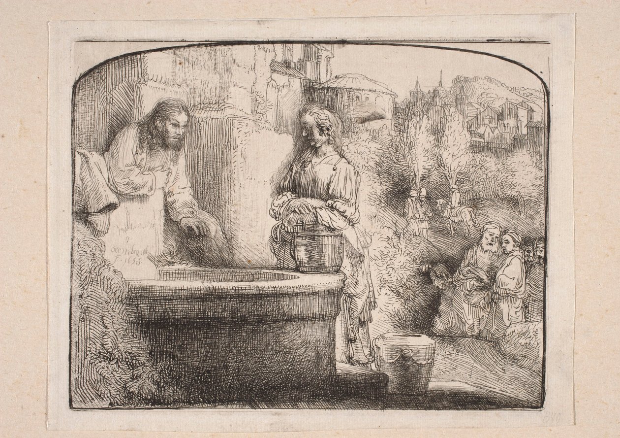 Le Christ et la Samaritaine (Composition fermée en haut par un arc) - Rembrandt van Rijn
