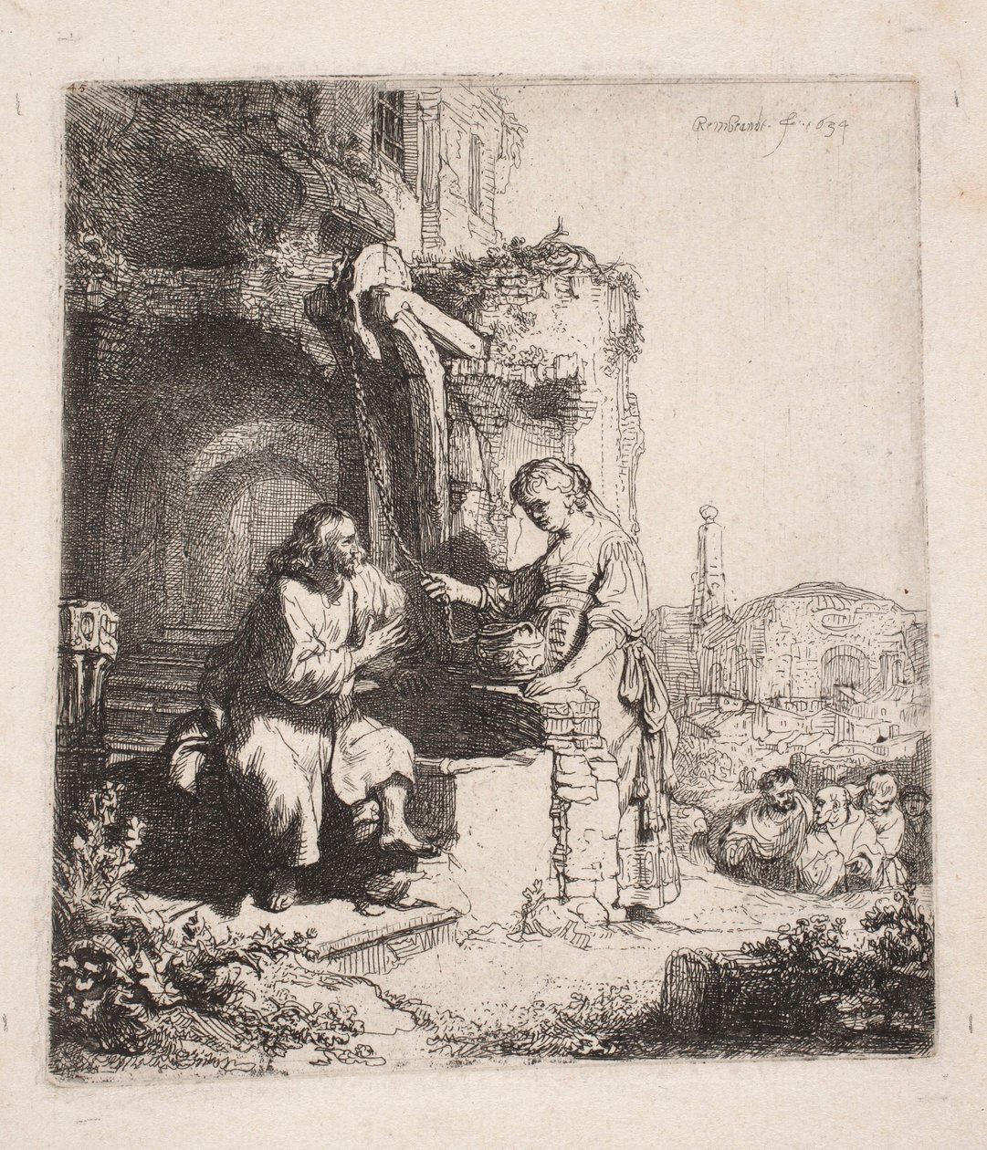 Le Christ et la Samaritaine parmi les ruines (gravure verticale) - Rembrandt van Rijn