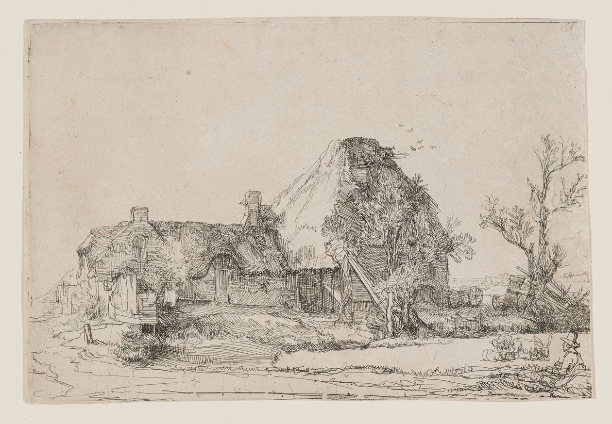 Une maison de campagne et des bâtiments agricoles, avec un homme en train de dessiner - Rembrandt van Rijn
