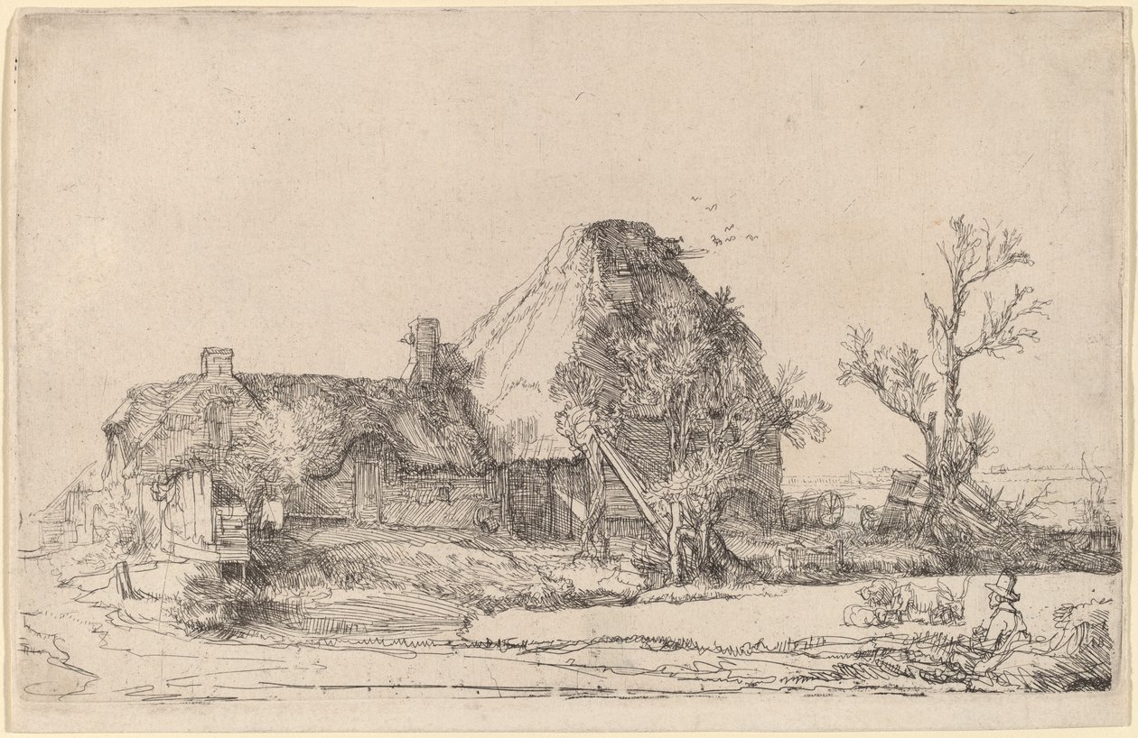 Cottages et Bâtiments de Ferme avec un Homme Dessinant - Rembrandt van Rijn