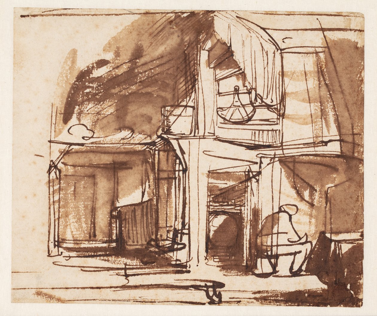 Intérieur avec un escalier en colimaçon et un homme assis - Rembrandt van Rijn