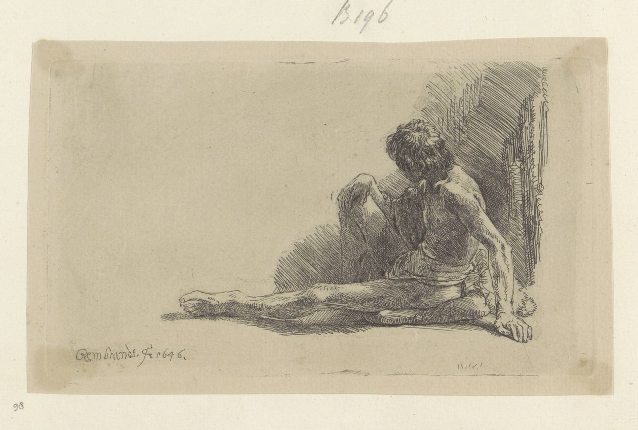 Jeune homme assis par terre avec une jambe étendue - Rembrandt van Rijn