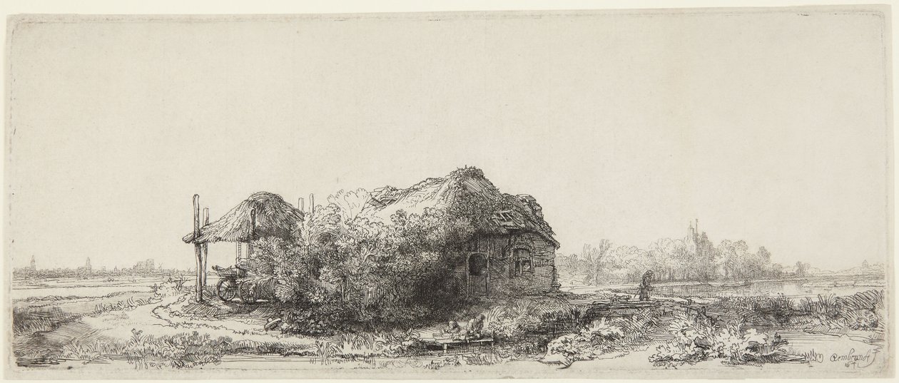 Paysage avec des chalets et une grange à foin - Rembrandt van Rijn