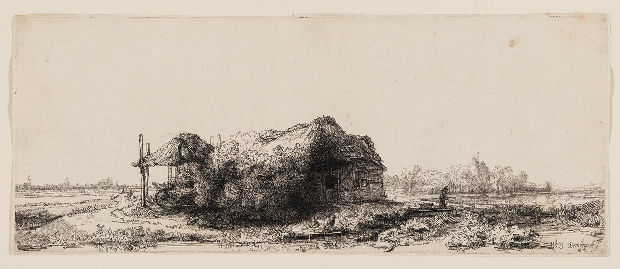 Paysage avec cottages et une grange à foin : Oblong - Rembrandt van Rijn