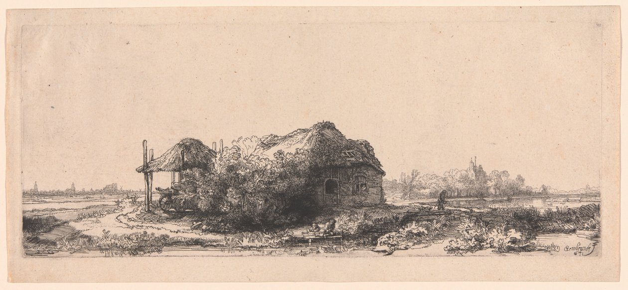 Paysage avec cottages et une grange à foin : Oblong - Rembrandt van Rijn