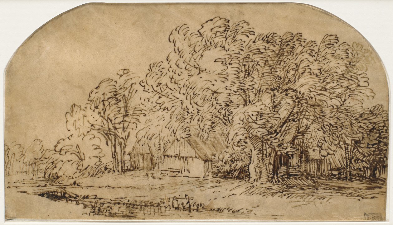 Paysage avec des cottages sous de grands arbres ("Le Coup de vent") - Rembrandt van Rijn