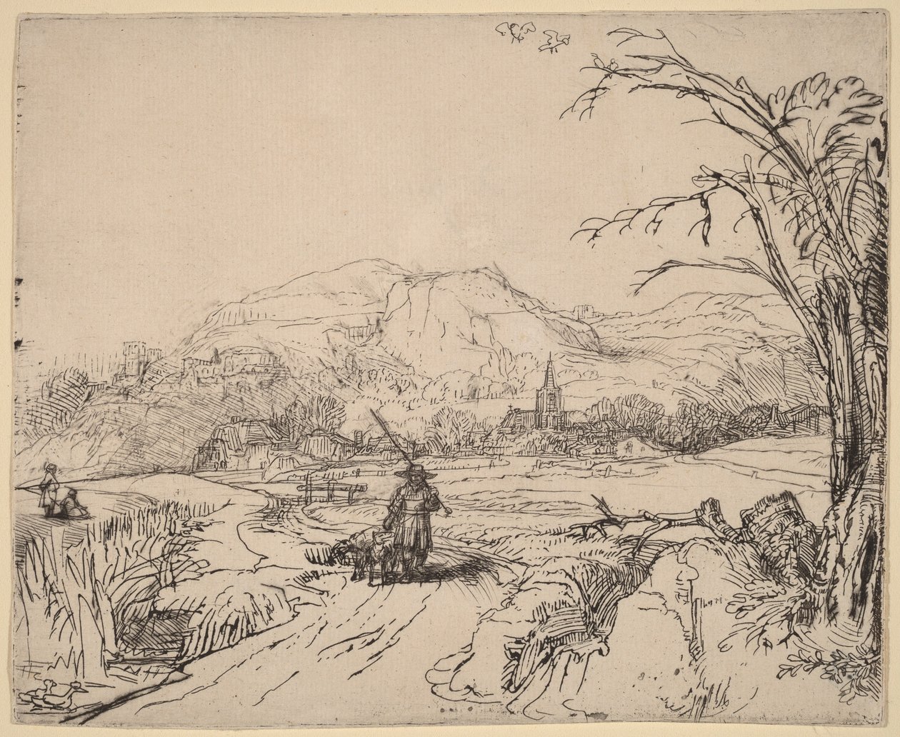 Paysage avec un sportif et un chien - Rembrandt van Rijn