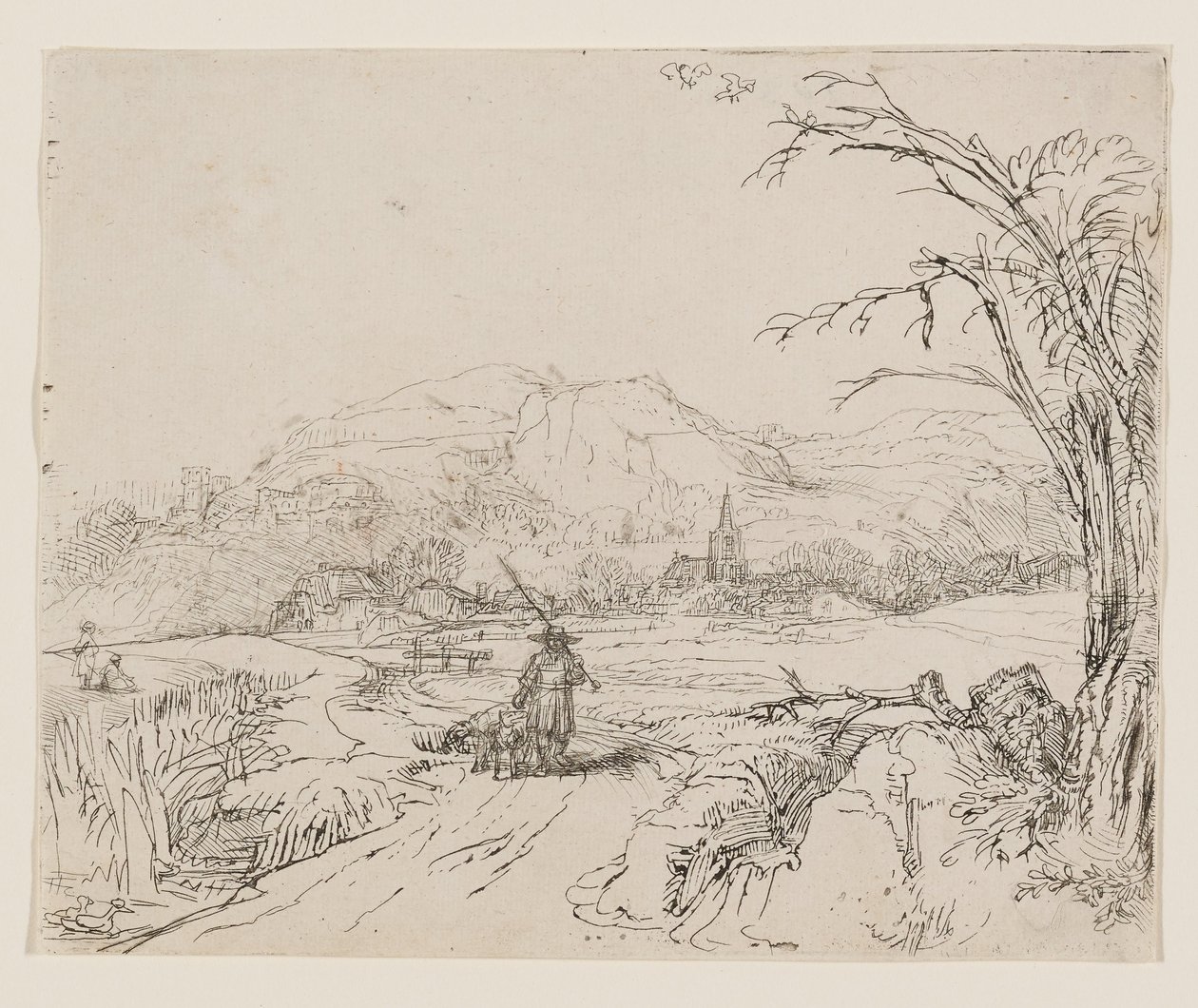 Paysage avec un chasseur et des chiens - Rembrandt van Rijn