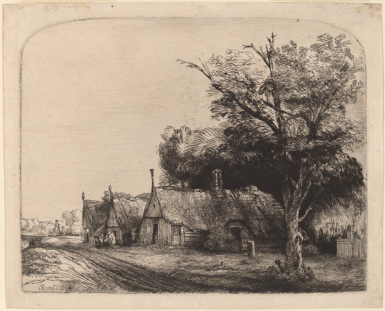 Paysage avec trois cottages à pignon le long d
