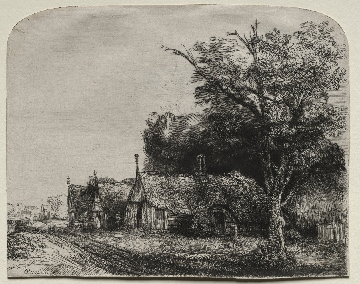 Paysage avec trois cottages à pignon le long d