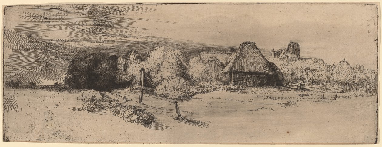 Paysage avec arbres, bâtiments de ferme et une tour - Rembrandt van Rijn