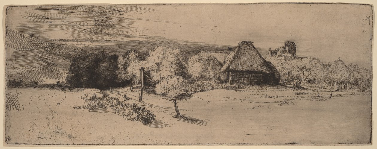 Paysage avec des arbres, des bâtiments agricoles et une tour - Rembrandt van Rijn