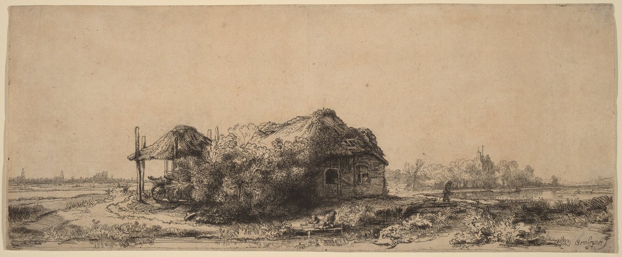 Paysage avec une petite maison et une grange à foin : format oblong - Rembrandt van Rijn