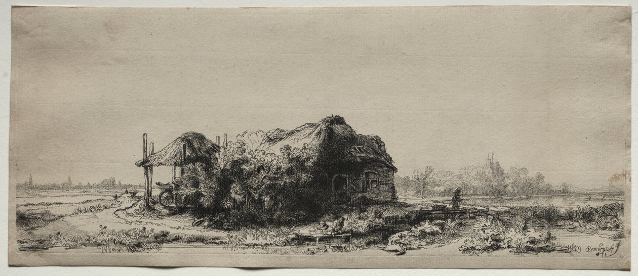 Paysage avec une chaumière et une grange à foin : Oblong, 1641 - Rembrandt van Rijn