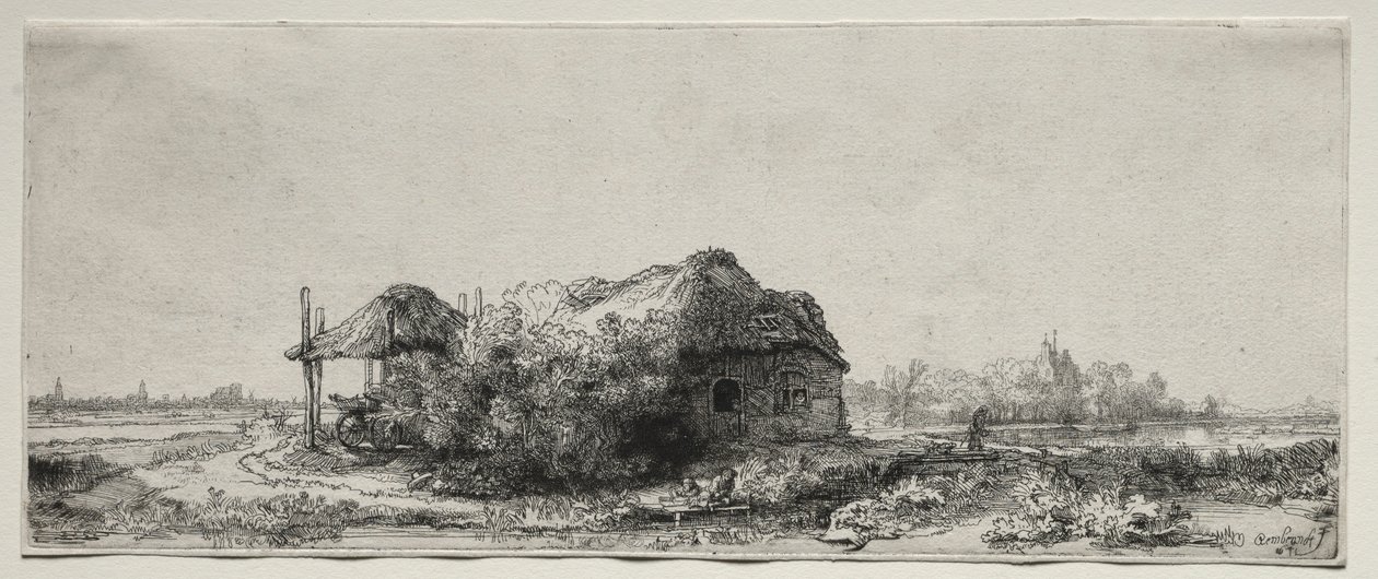 Paysage avec une chaumière et une grange à foin : Oblong, 1641 - Rembrandt van Rijn