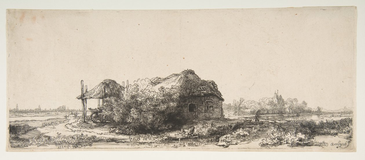 Paysage avec un cottage et une grange à foin - Rembrandt van Rijn