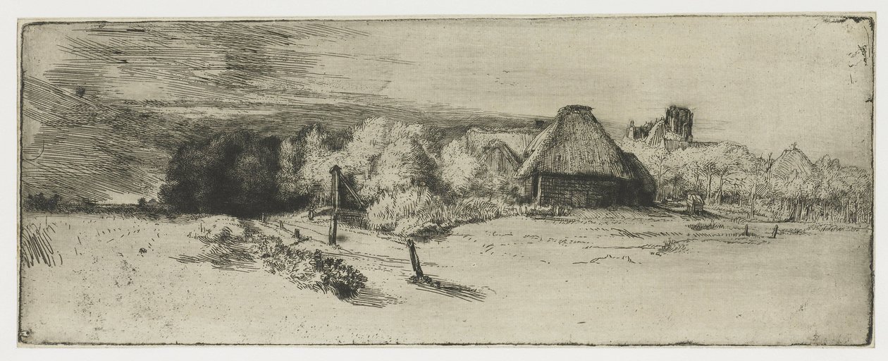 Paysage avec un bâtiment de ferme et la maison avec la tour - Rembrandt van Rijn