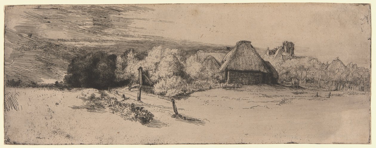 Paysage avec un bâtiment de ferme et la "Maison avec la tour" - Rembrandt van Rijn