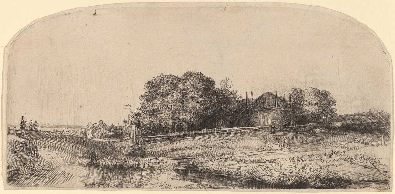Paysage avec une grange à foin et un troupeau de moutons - Rembrandt van Rijn