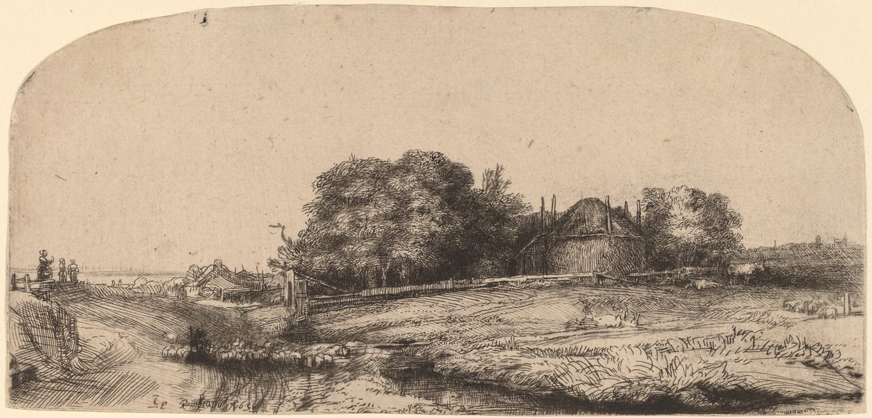 Paysage avec une grange à foin et un troupeau de moutons - Rembrandt van Rijn