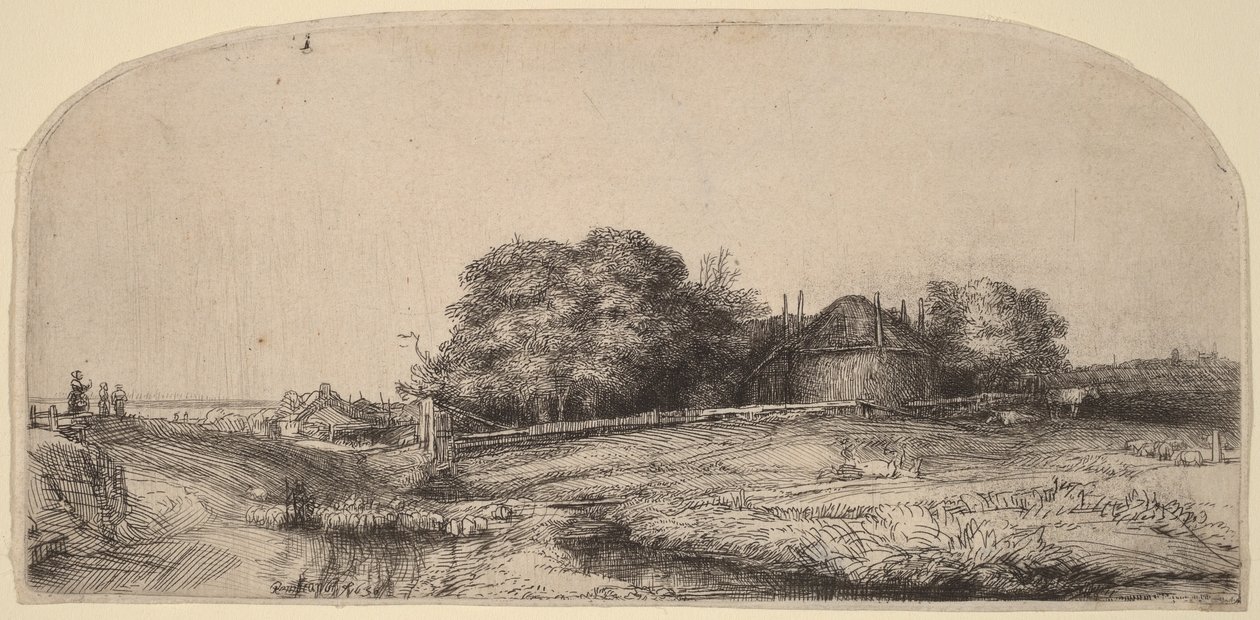 Paysage avec une grange à foin et un troupeau de moutons - Rembrandt van Rijn