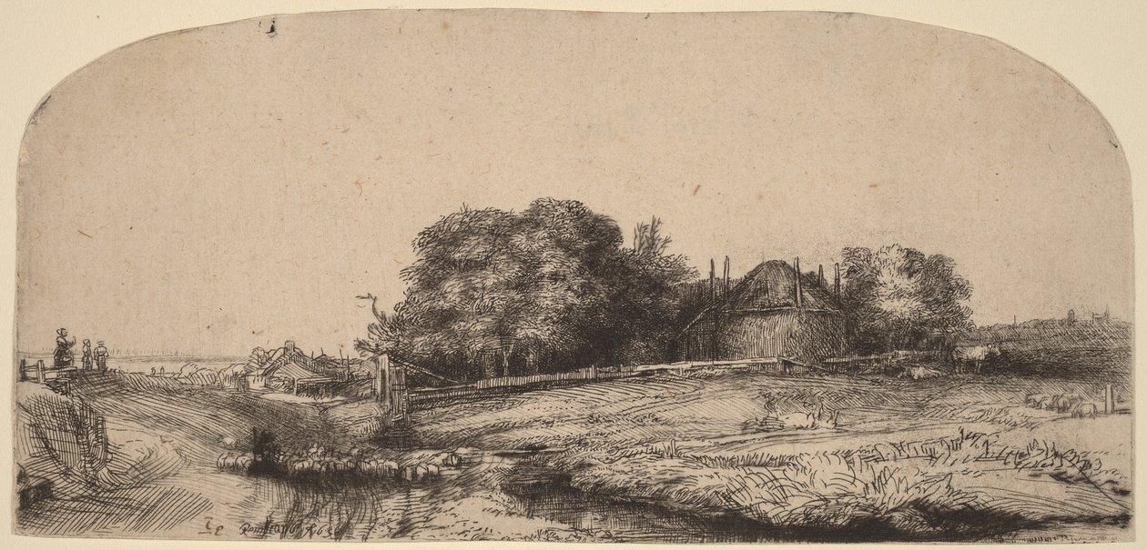 Paysage avec une grange à foin et un troupeau de moutons - Rembrandt van Rijn