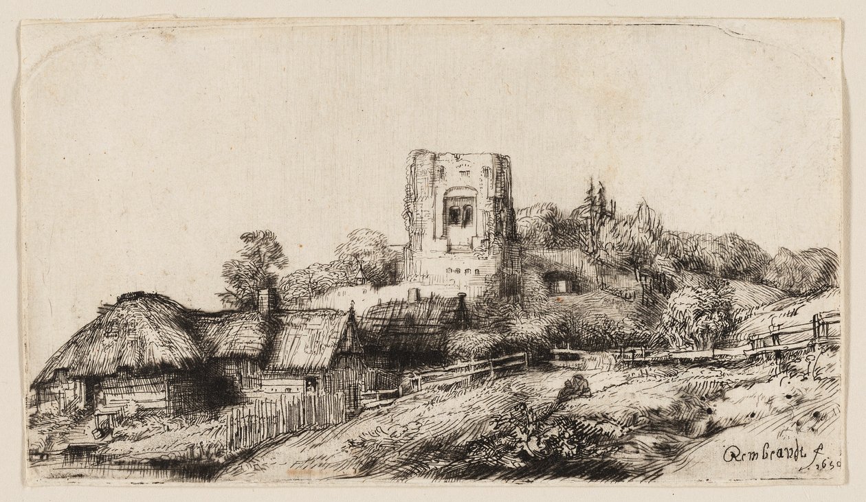 Paysage avec une tour carrée - Rembrandt van Rijn