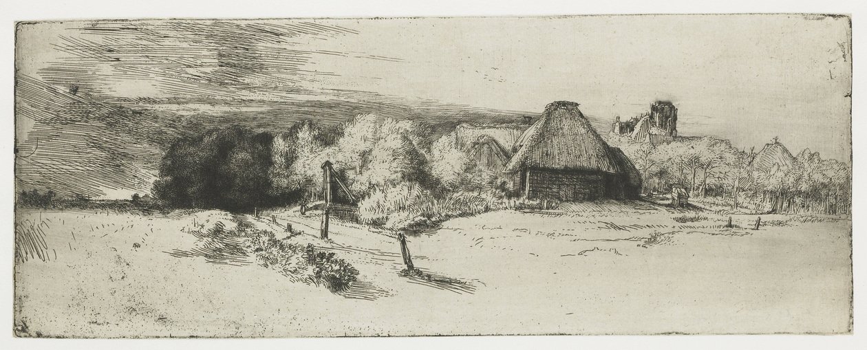 Paysage avec un bâtiment de ferme et la 