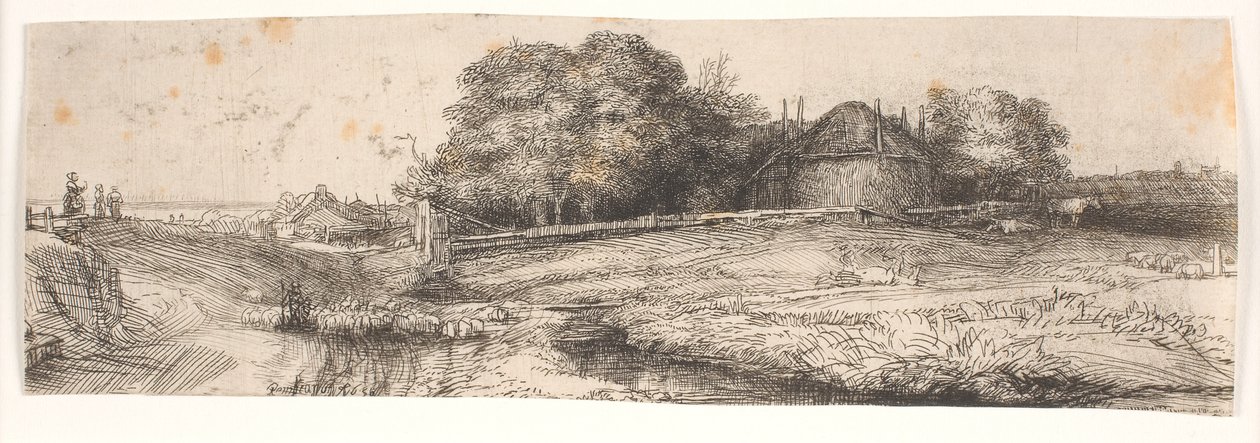 Paysage avec une grange à foin et un troupeau de moutons - Rembrandt van Rijn