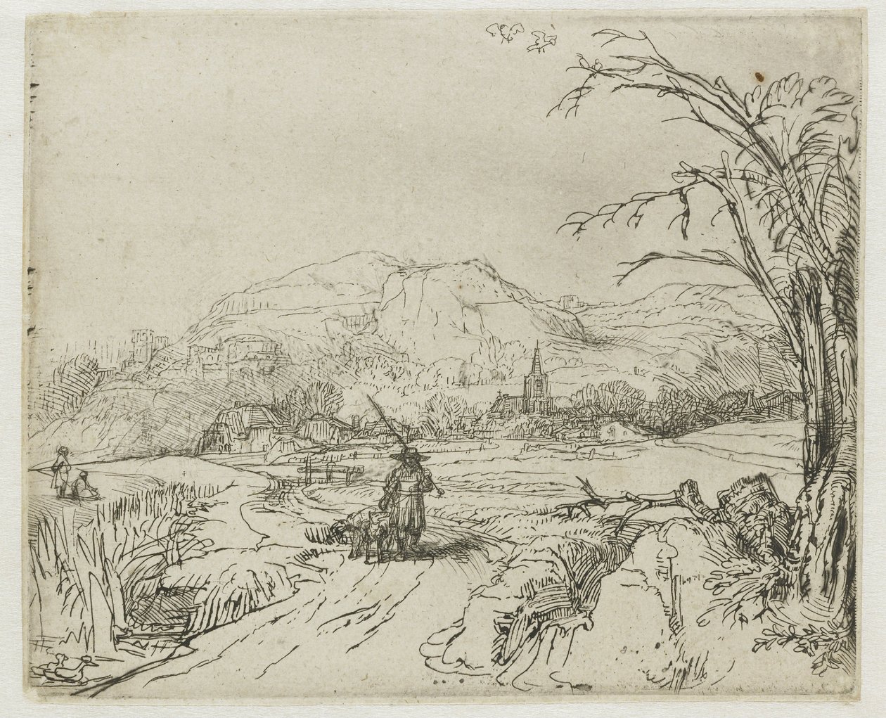 Paysage avec un sportif et des chiens - Rembrandt van Rijn