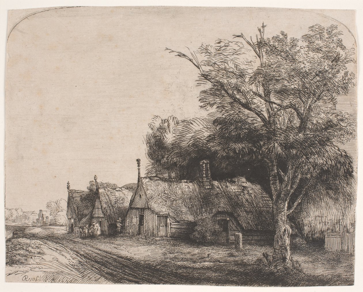 Paysage avec trois cottages à pignon le long d