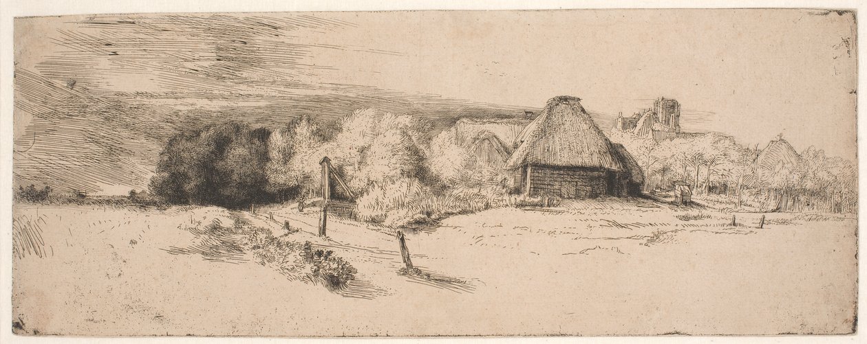 Paysage avec des arbres, des bâtiments agricoles et une tour - Rembrandt van Rijn