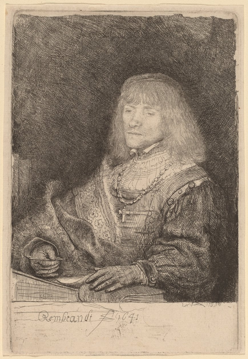 Homme à un bureau portant une croix et une chaîne - Rembrandt van Rijn