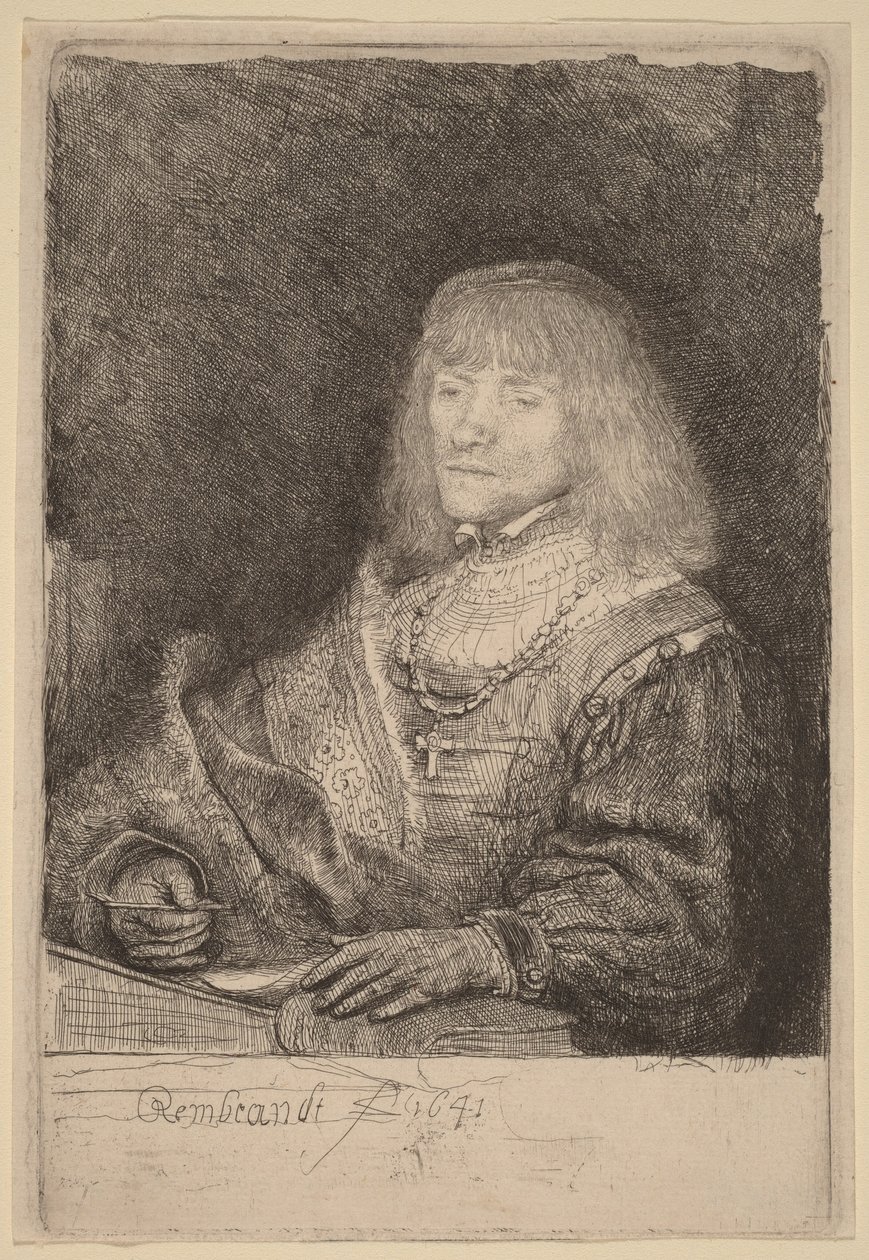 Un homme assis à un bureau, portant une croix et une chaîne - Rembrandt van Rijn
