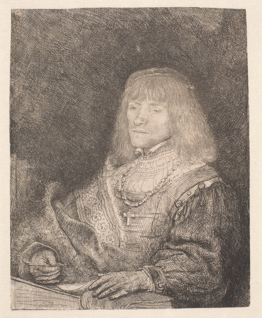 Un homme assis à son bureau, portant une croix et une chaîne - Rembrandt van Rijn