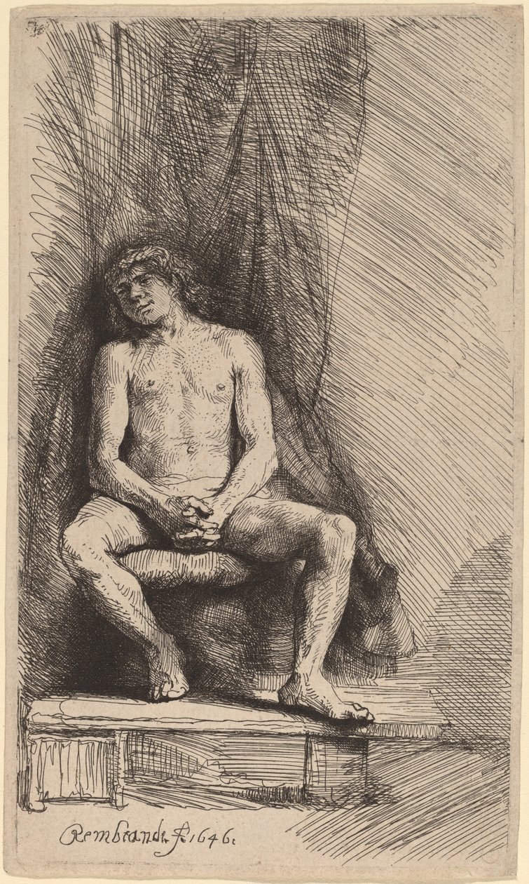 Homme nu assis devant un rideau - Rembrandt van Rijn