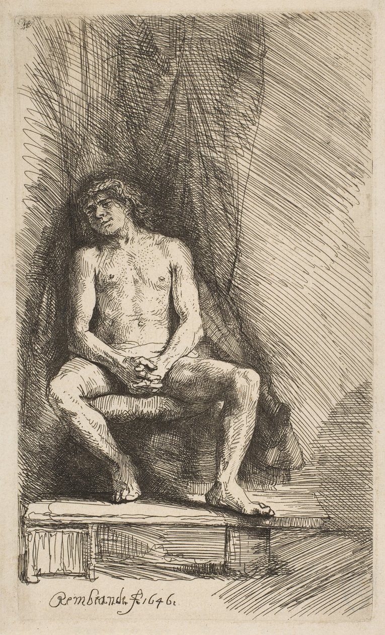 Homme nu assis devant un rideau - Rembrandt van Rijn